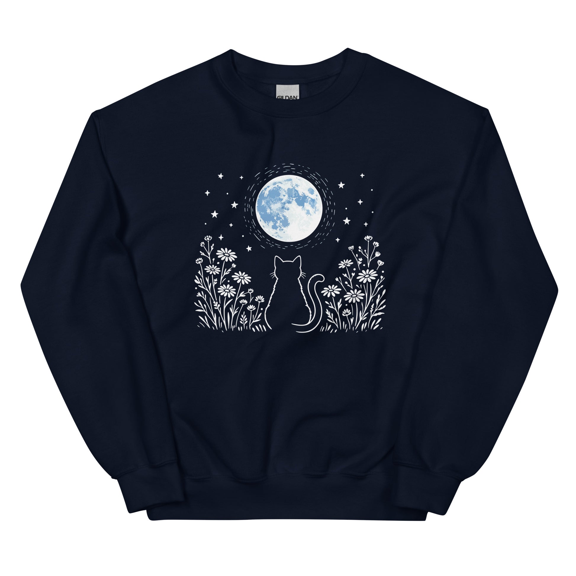 Navy blue sweatshirt with a cat and moon graphic on a white background