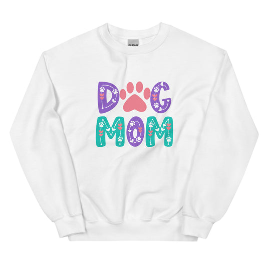 White sweatshirt with 'Dog Mom' text and paw prints on a white background