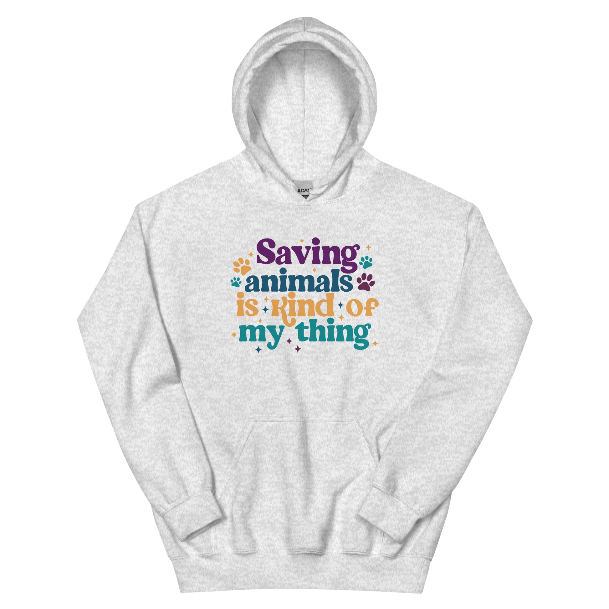 Sports gray Hooded Sweatshirt that reads Saving Animals is kind of my Thing with several paw print and sparkle images in a purple, yellow and blue font.