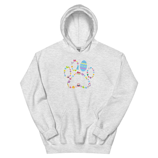 Gray hoodie with a colorful design on a white background