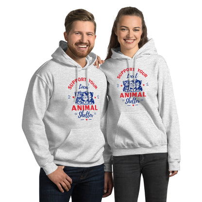 Two people wearing gray hoodies with an animal shelter support design on a white background