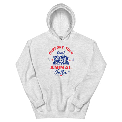 Gray hoodie with 'Support Your Local Animal Shelter' text and cat illustrations on a white background