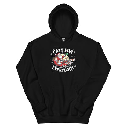 black Hoodie that says Cats for Everybody with an image of Santa in a Sleigh throwing out presents and cats