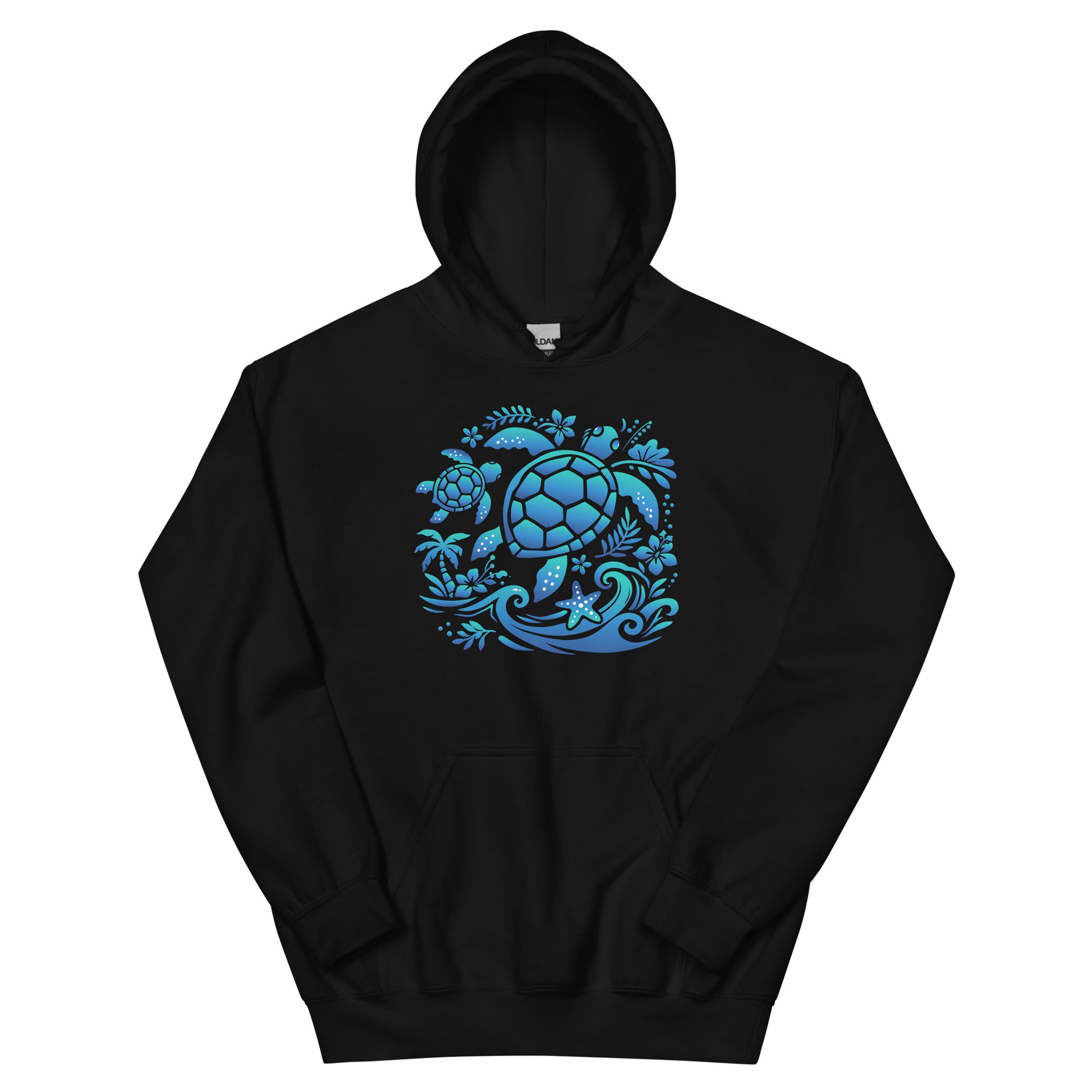 Black hoodie with blue turtle design on a white background