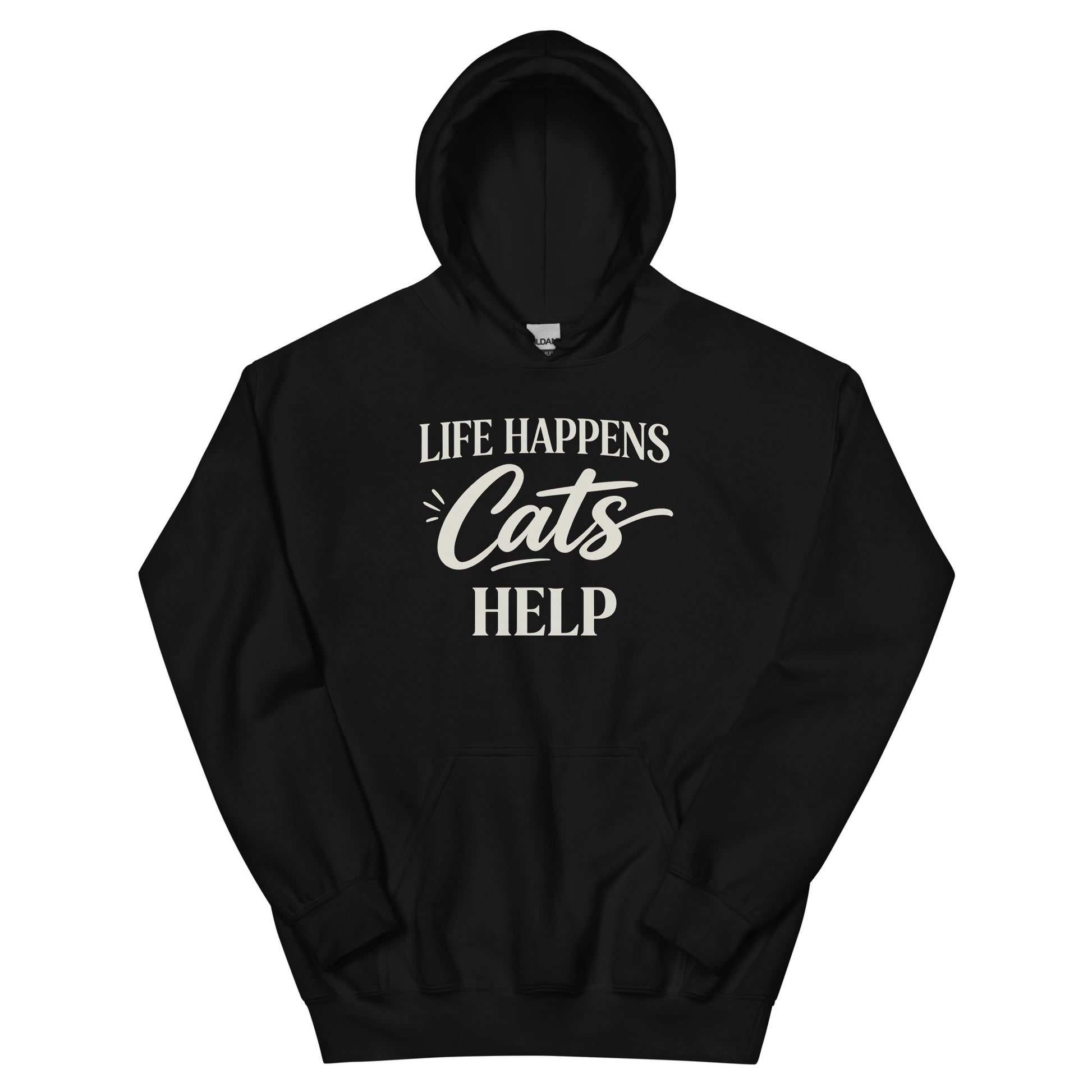 Black hoodie with a white logo and text on a white background