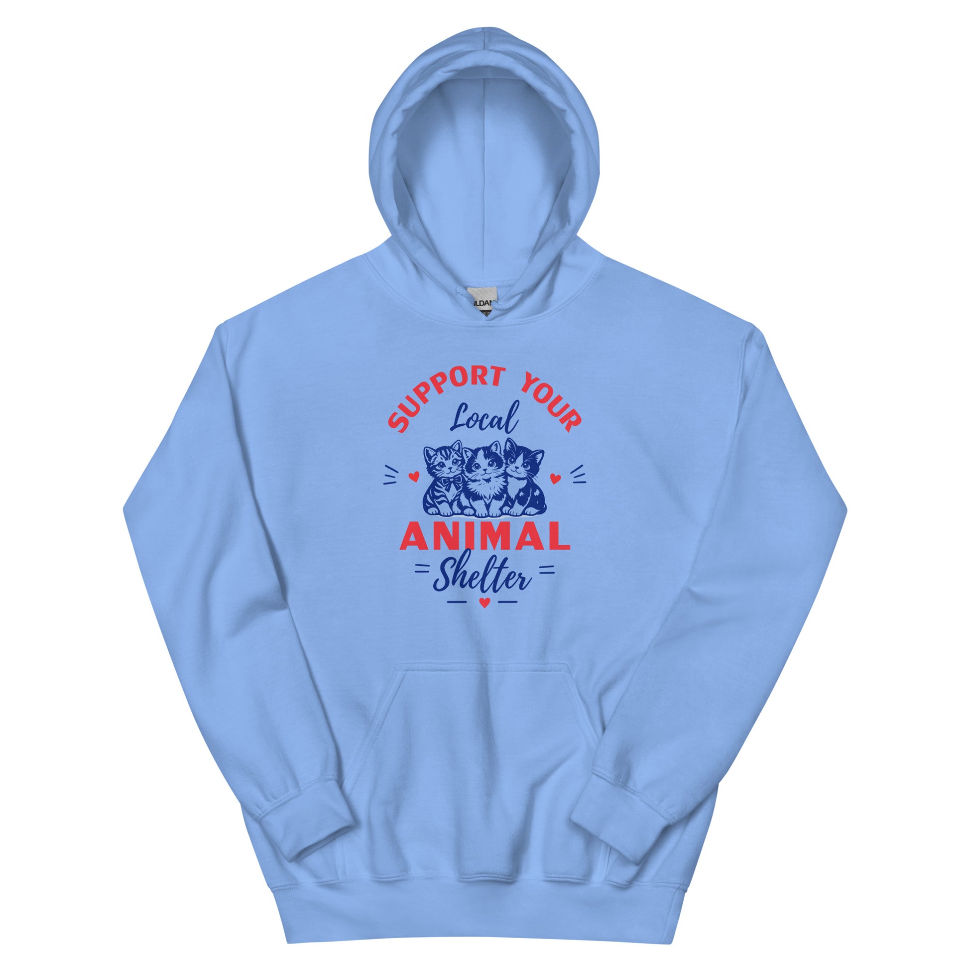 Light blue hoodie with 'Support Your Local Animal Shelter' text and cat illustrations on a white background