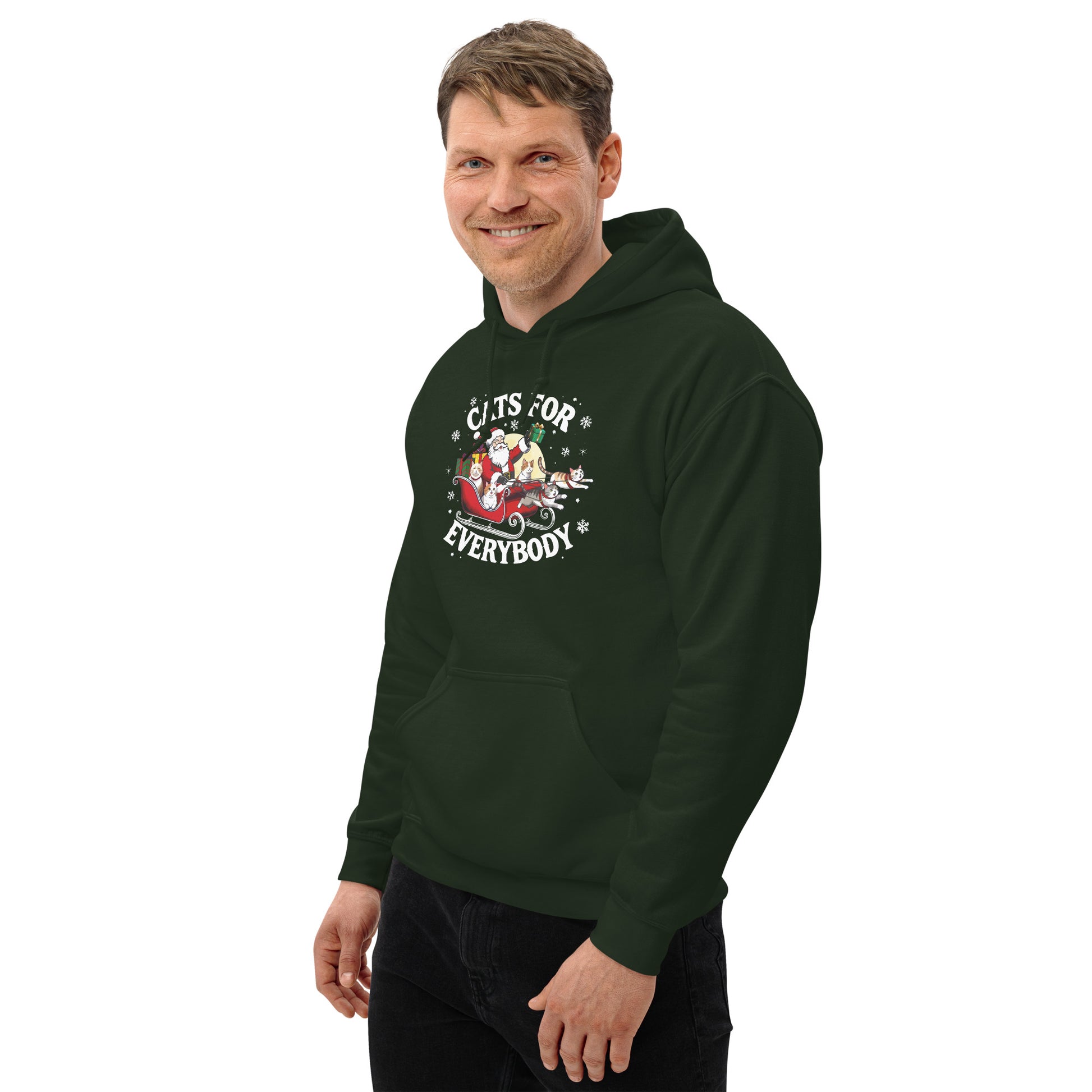 Man wearing a dark green Hoodie that says Cats for Everybody with an image of Santa in a Sleigh throwing out presents and catsct mockup