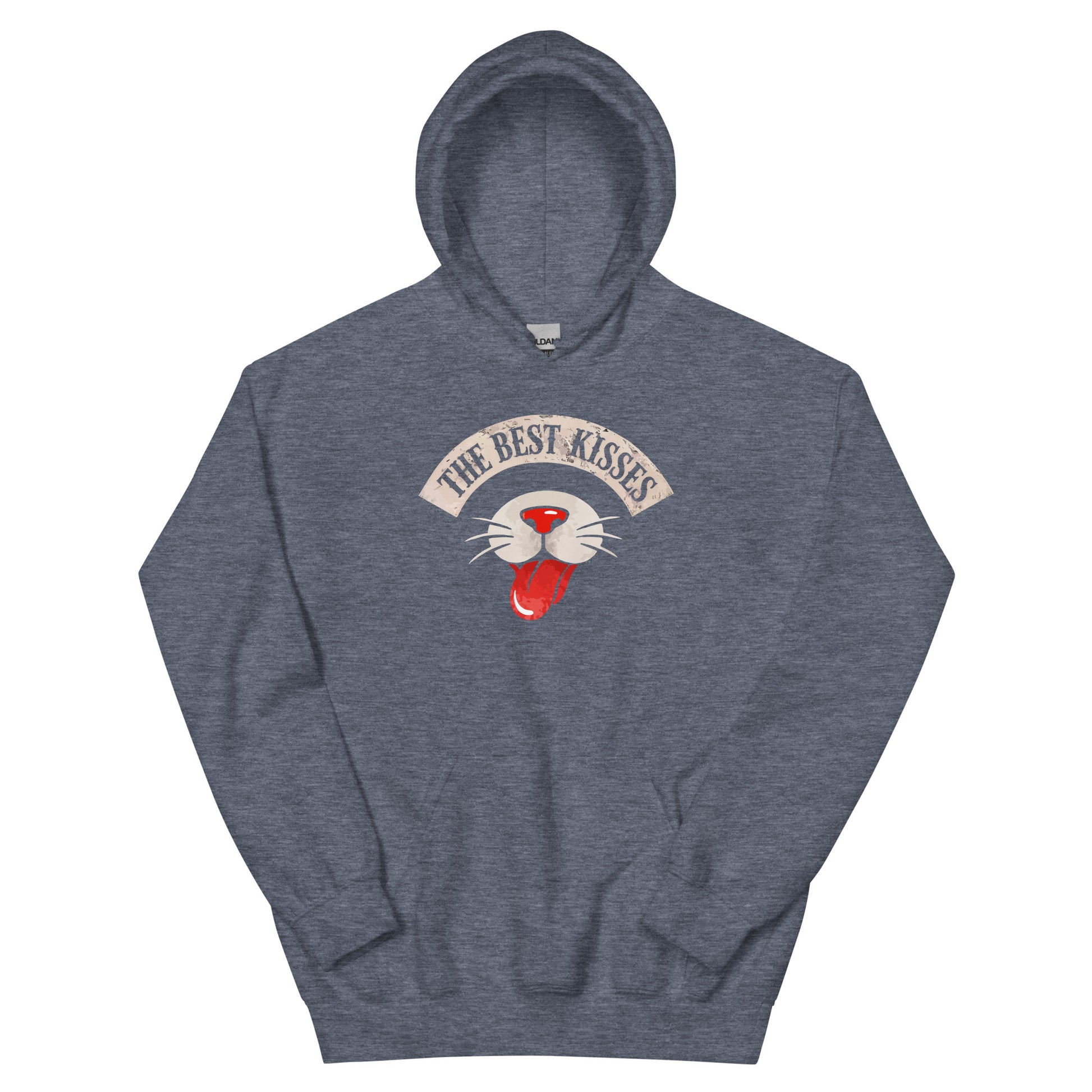 Heather Sports Gray Hoodie on white background with a cat nose and tongue sticking out that reads "The Best Kisses"