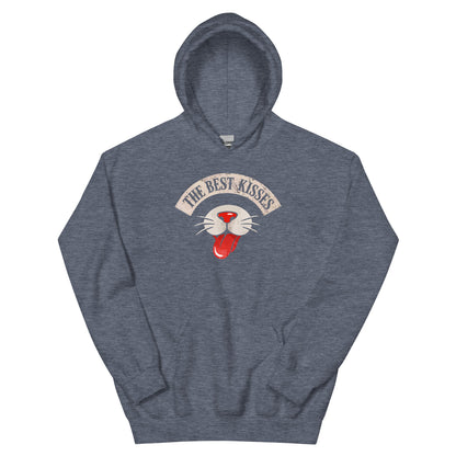 Heather Sports Gray Hoodie on white background with a cat nose and tongue sticking out that reads "The Best Kisses"