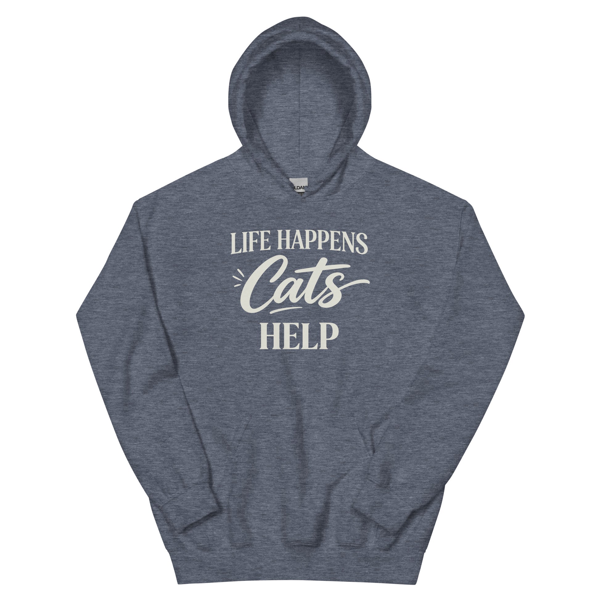 Green hoodie with 'Life Happens Cats Help' text on a white background
