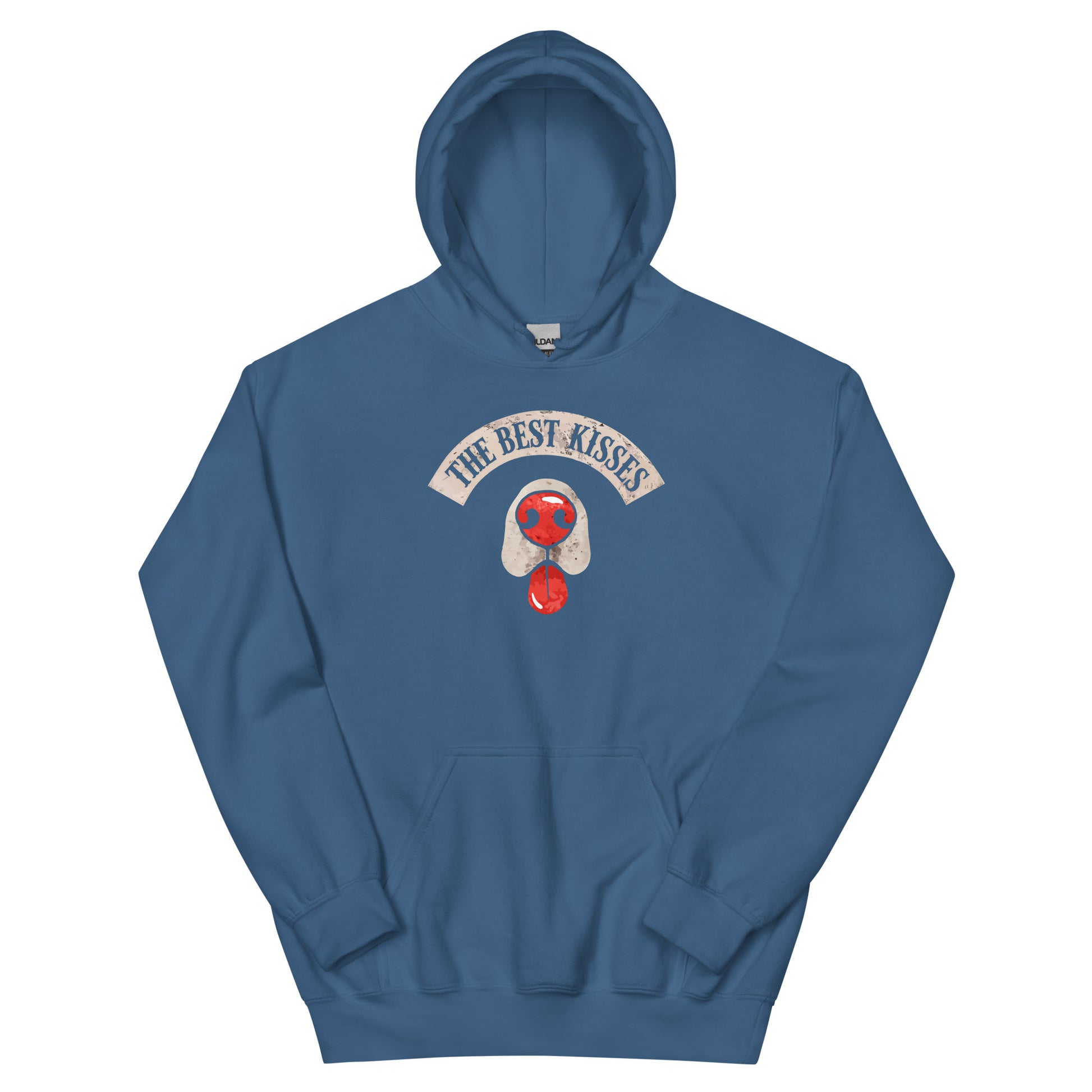Indigo blue hoodie with a dog nose and tongue sticking out design that reads "the best kisses"  - on a white background