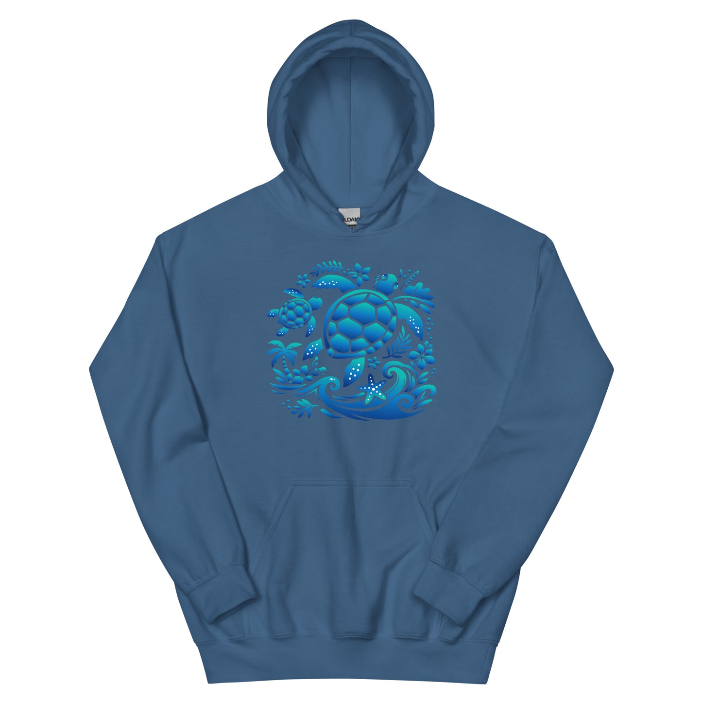 Blue hoodie with a graphic sea turtle design on a white background