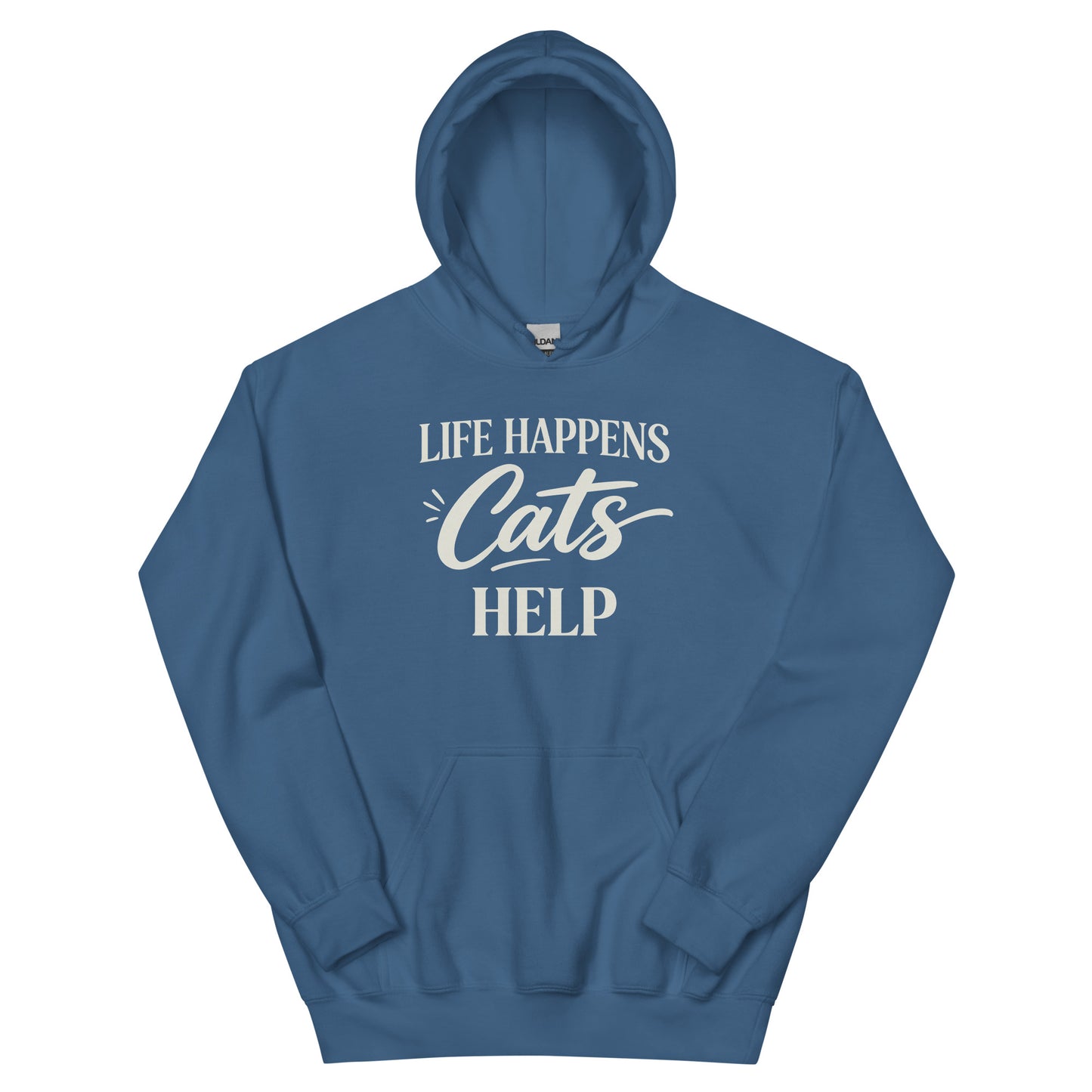 Blue hoodie with 'Life Happens Cats Help' text on a white background