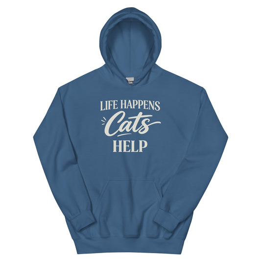 Blue hoodie with 'Life Happens Cats Help' text on a white background