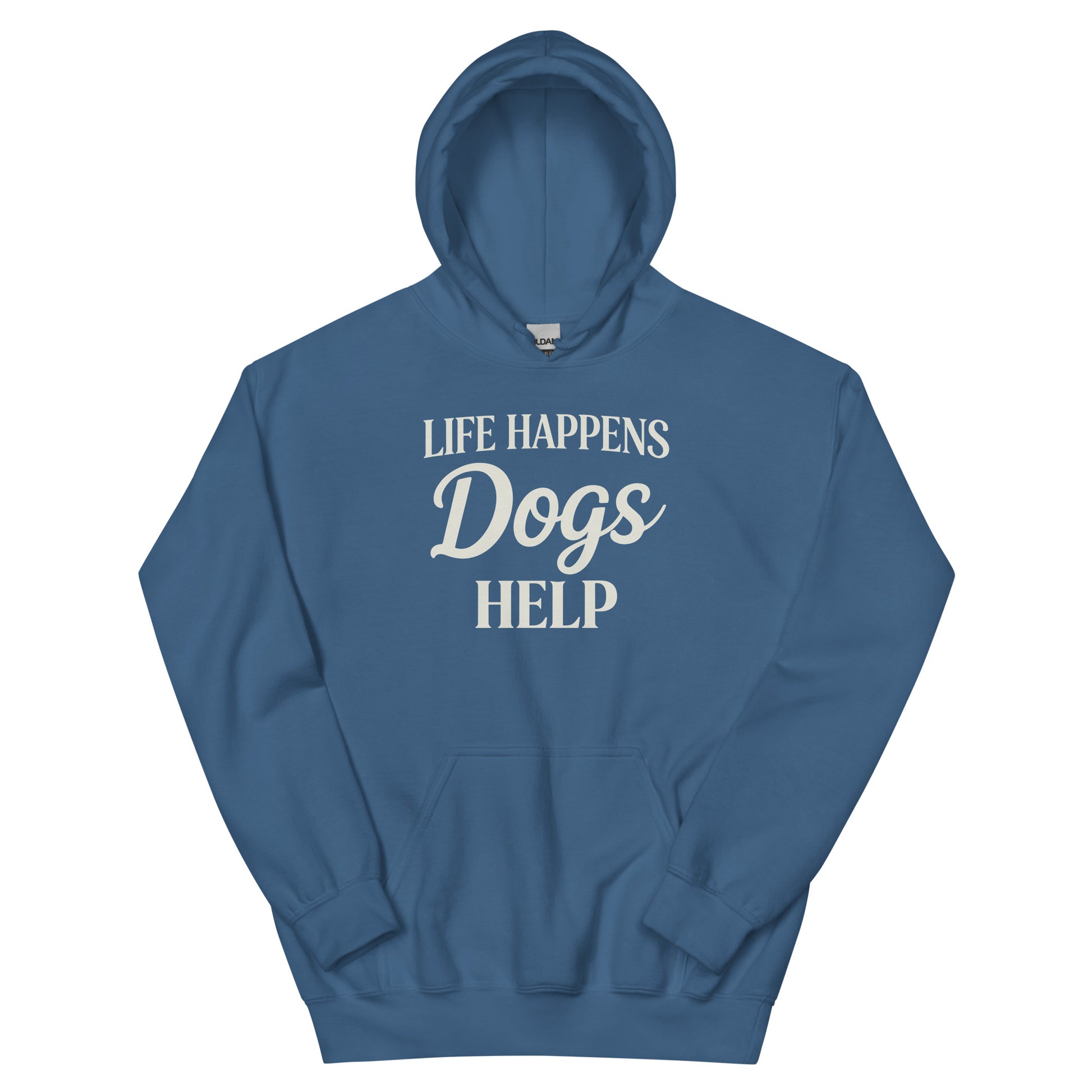 Blue hoodie with a white logo and text on a white background