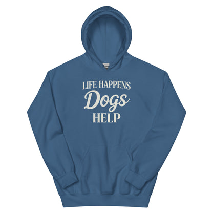 Blue hoodie with a white logo and text on a white background