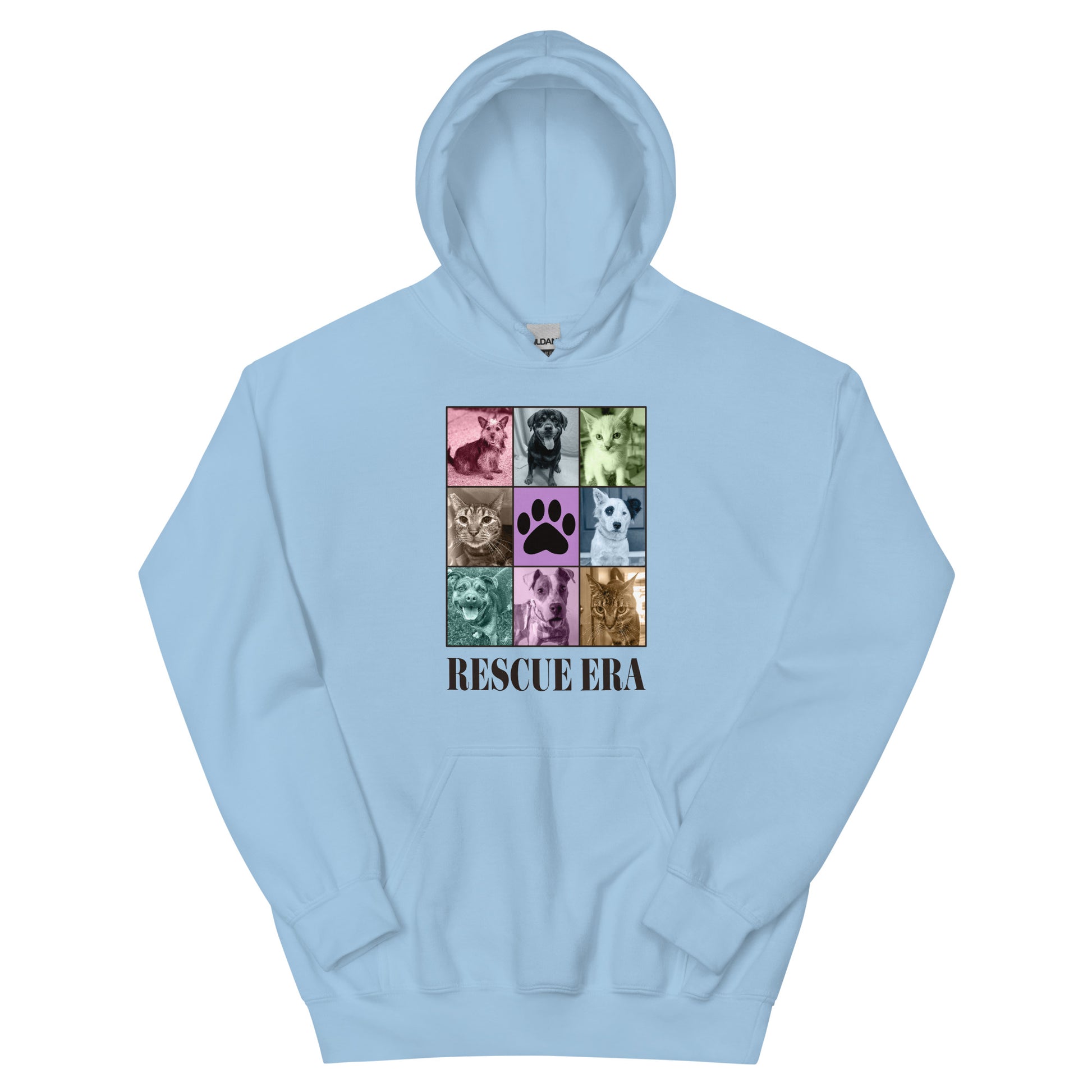 Light blue hoodie with 'Rescue Era' design featuring images of cats and dogs on a white background.