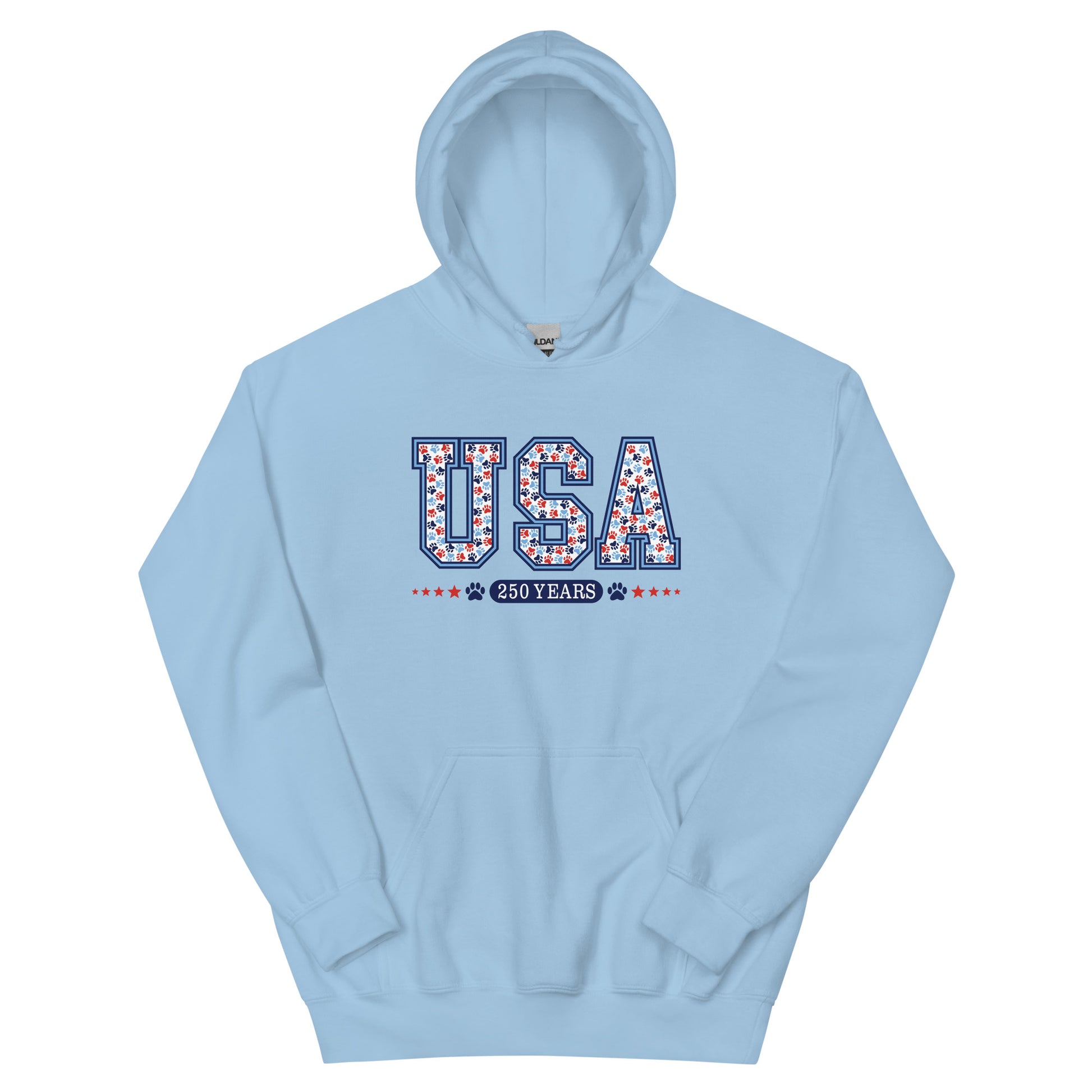 Light Blue hoodie with 'USA 250 Years' text on a white background