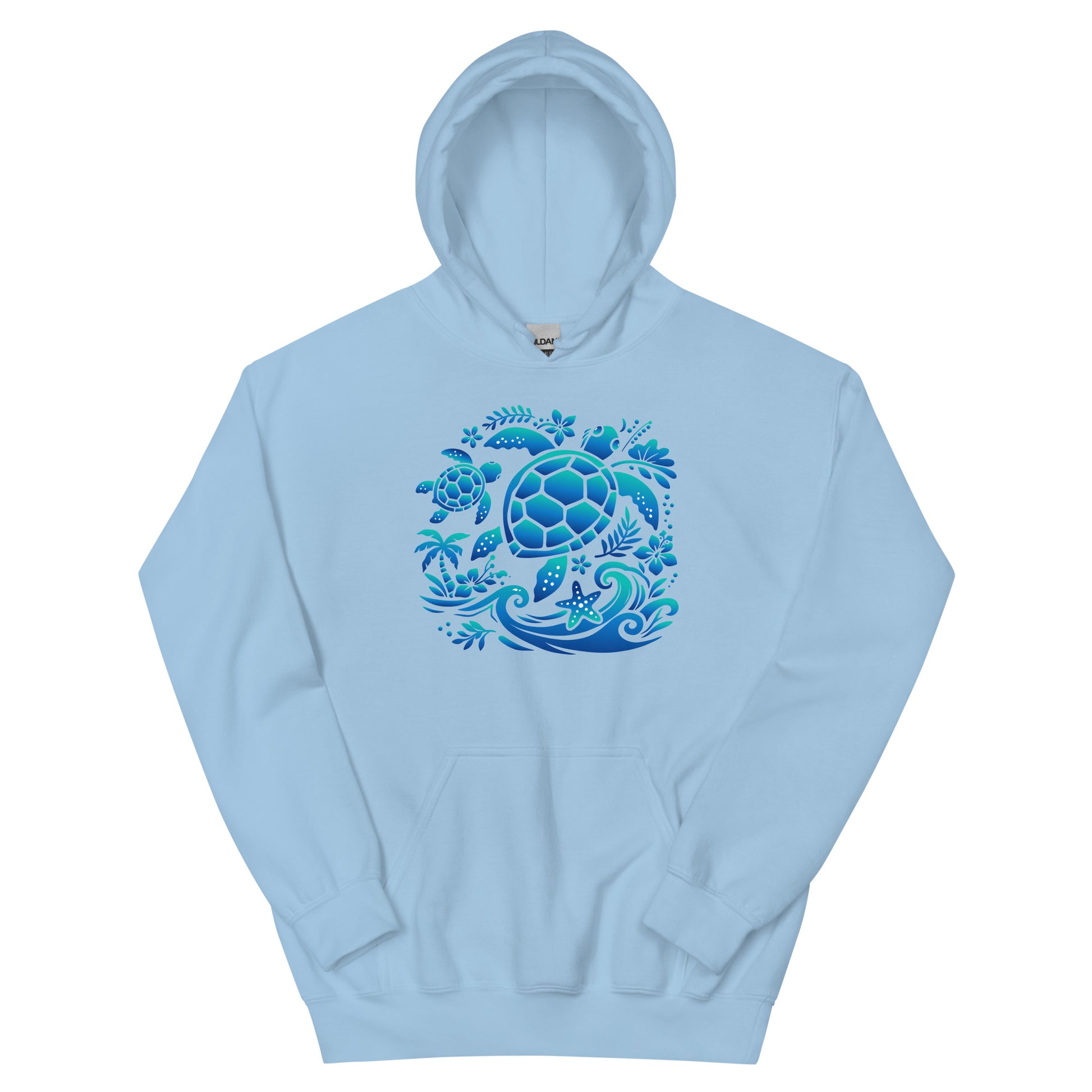 Light blue hoodie with a turtle design on a white background