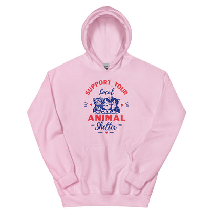 Pink hoodie with text 'Support Your Local Animal Shelter' and cat illustrations on a white background