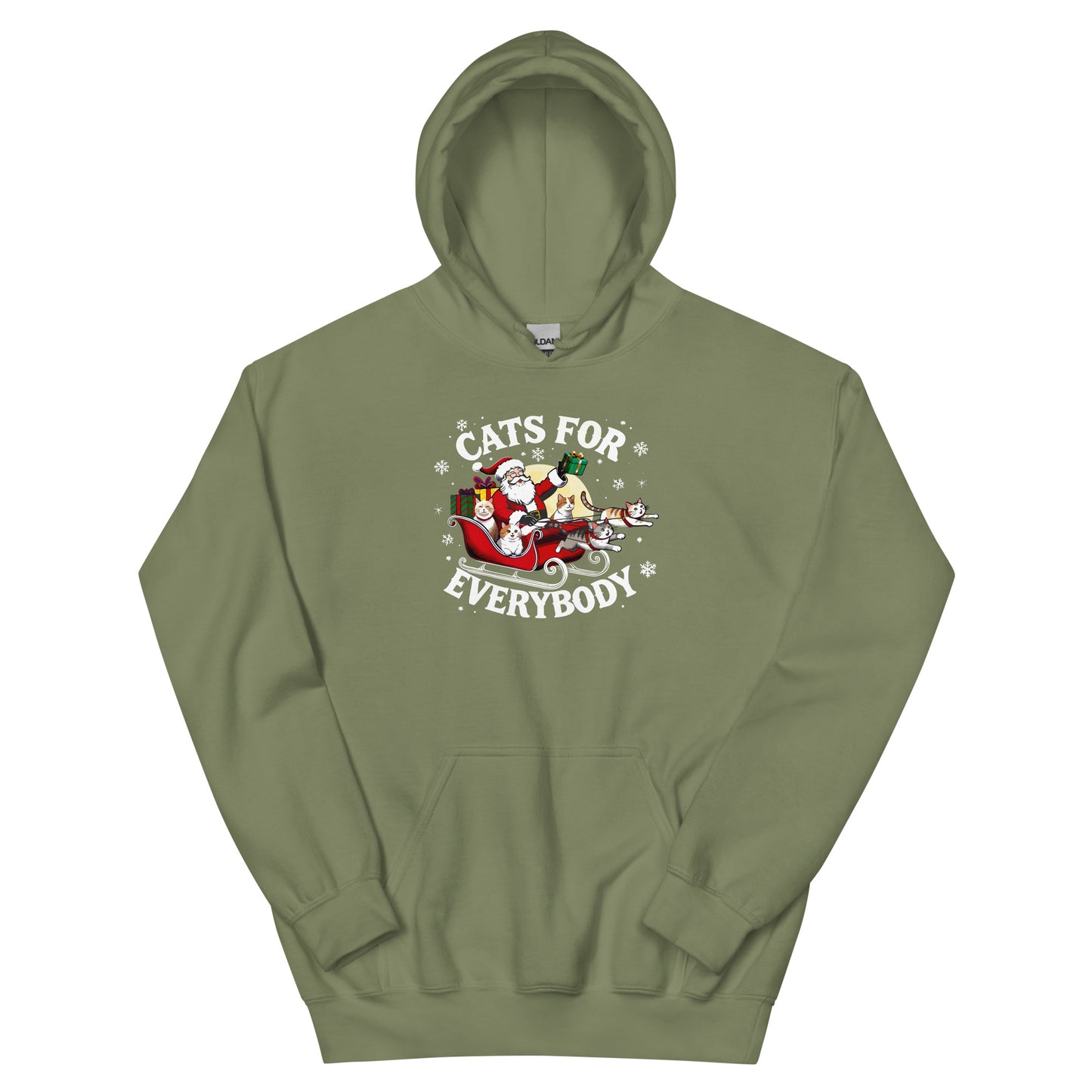 Olive Green Hoodie that says Cats for Everybody with an image of Santa in a Sleigh throwing out presents and cats