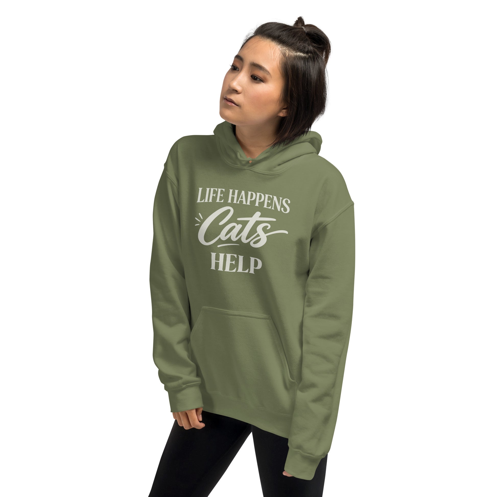 Person wearing a green hoodie with 'Life Happens, Cats Help' text on a white background
