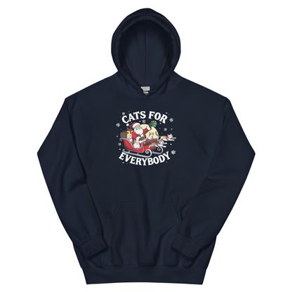 Navy Hoodie that says Cats for Everybody with an image of Santa in a Sleigh throwing out presents and cats