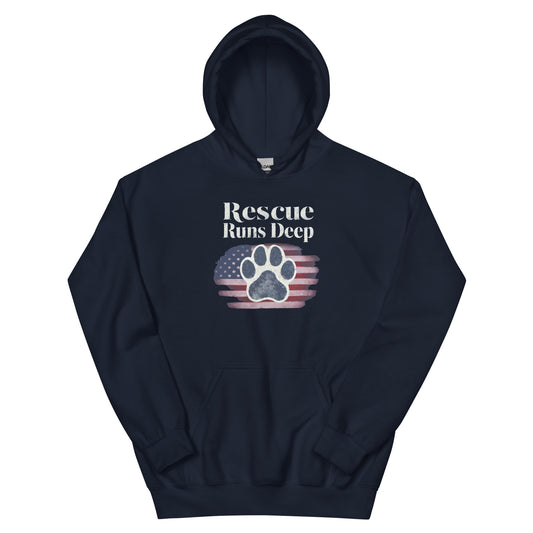 Dark Navy Hooded sweatshirt that features a paw print design with American Flag that says " Rescue Runs Deep"