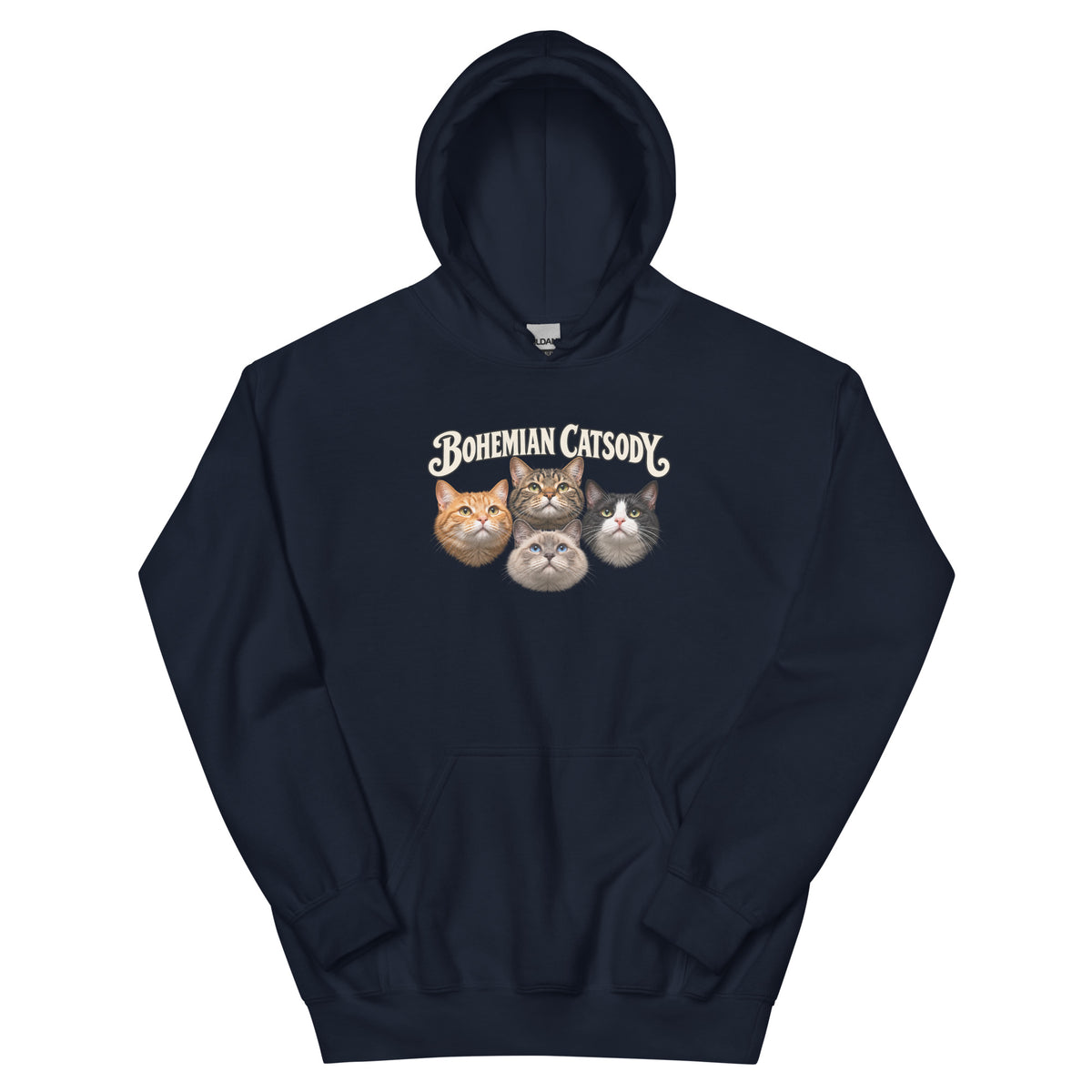 A dark navy pullover hoodie with a small graphic print on the left chest. The graphic features 4 cats.