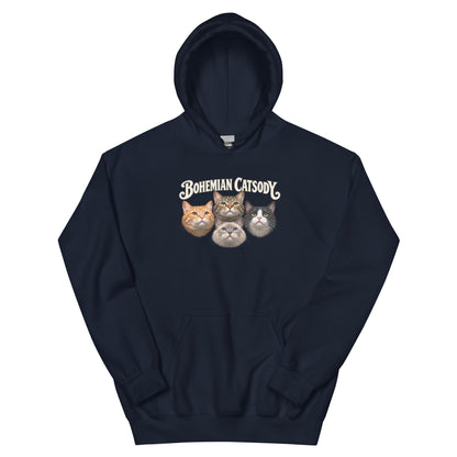 A dark navy pullover hoodie with a small graphic print on the left chest. The graphic features 4 cats.