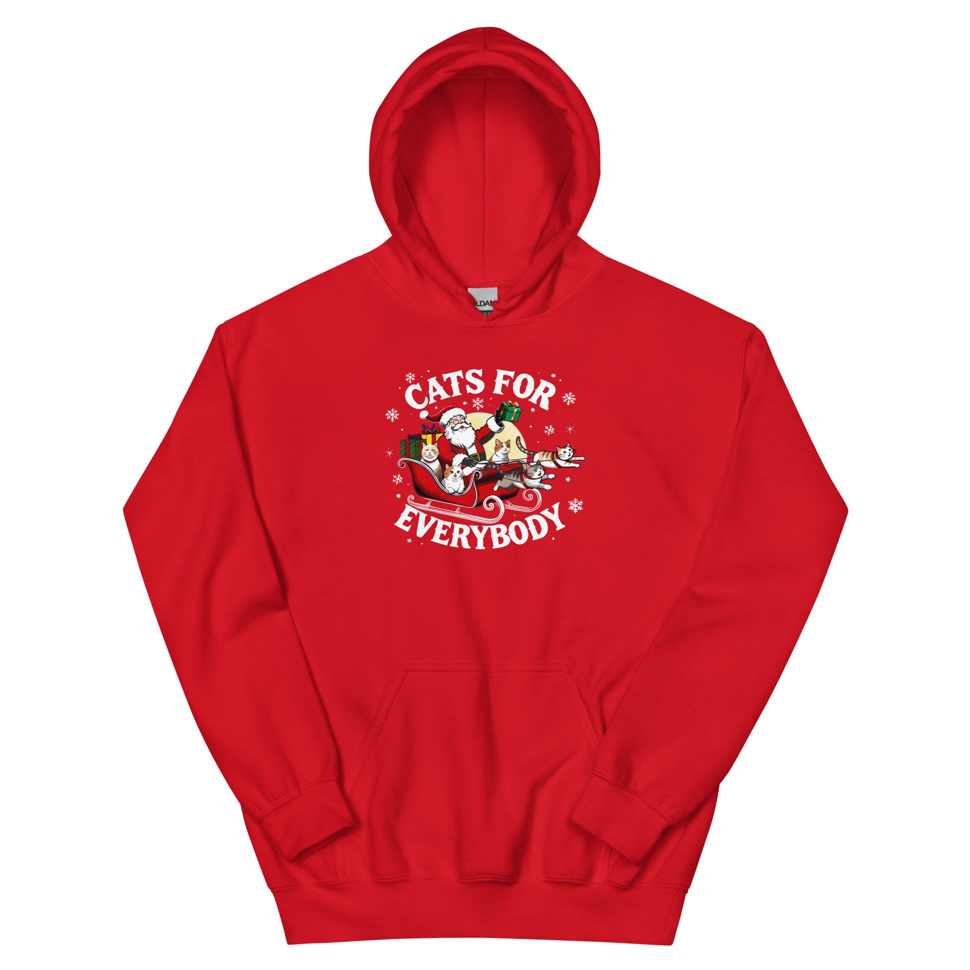Red Hoodie that says Cats for Everybody with an image of Santa in a Sleigh throwing out presents and cats