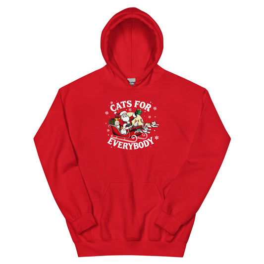 Red Hoodie that says Cats for Everybody with an image of Santa in a Sleigh throwing out presents and cats