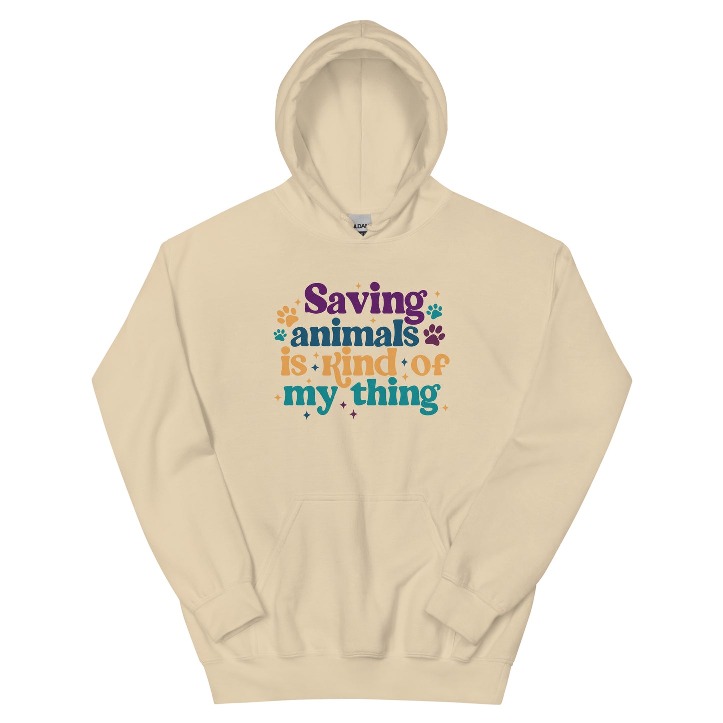 Tan Hooded Sweatshirt that reads Saving Animals is kind of my Thing with several paw print and sparkle images in a purple, yellow and blue font.