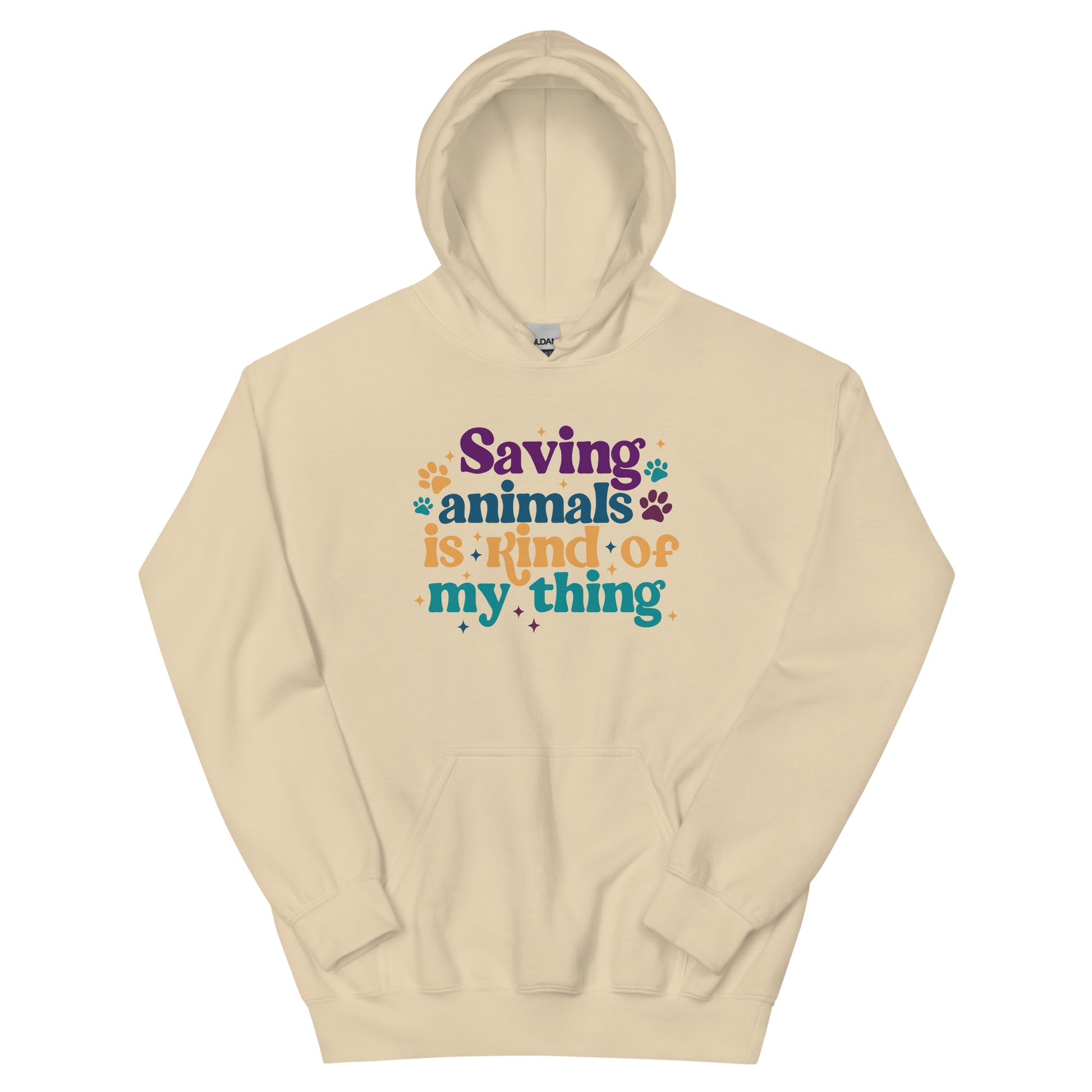 Tan Hooded Sweatshirt that reads Saving Animals is kind of my Thing with several paw print and sparkle images in a purple, yellow and blue font.