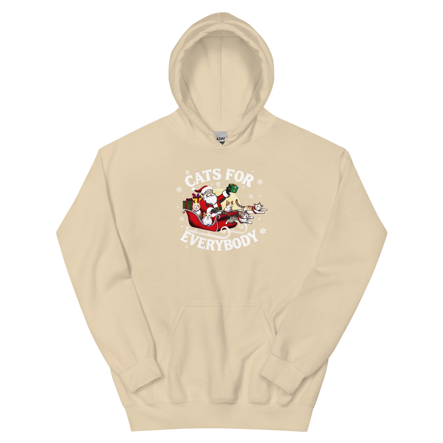 Tan Hoodie that says Cats for Everybody with an image of Santa in a Sleigh throwing out presents and cats