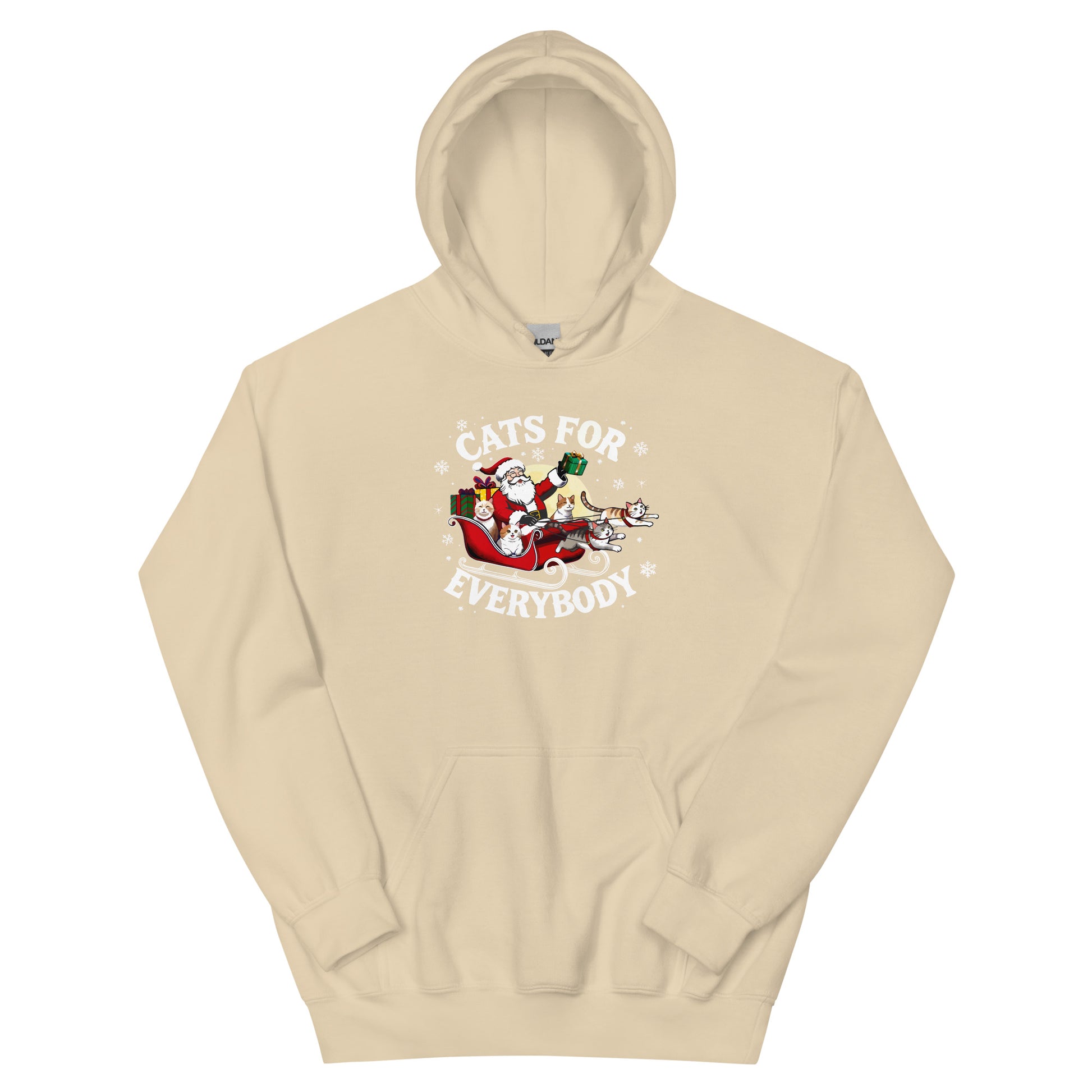 Tan Hoodie that says Cats for Everybody with an image of Santa in a Sleigh throwing out presents and cats
