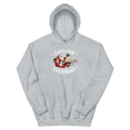 Sports gray Hoodie that says Cats for Everybody with an image of Santa in a Sleigh throwing out presents and cats