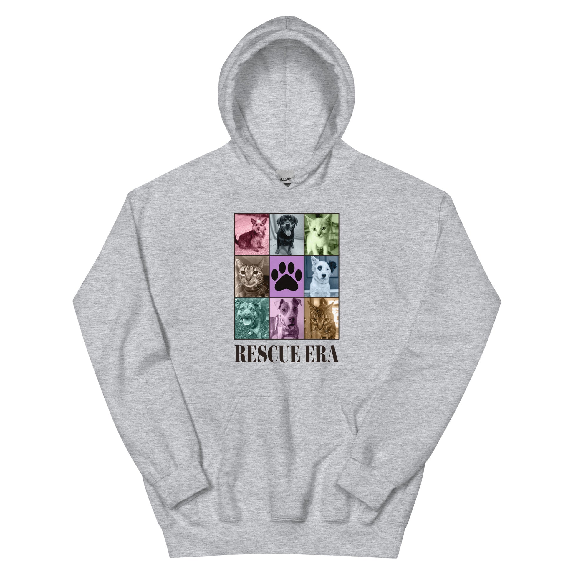 light gray hoodie with 'Rescue Era' design featuring images of cats and dogs on a white background.