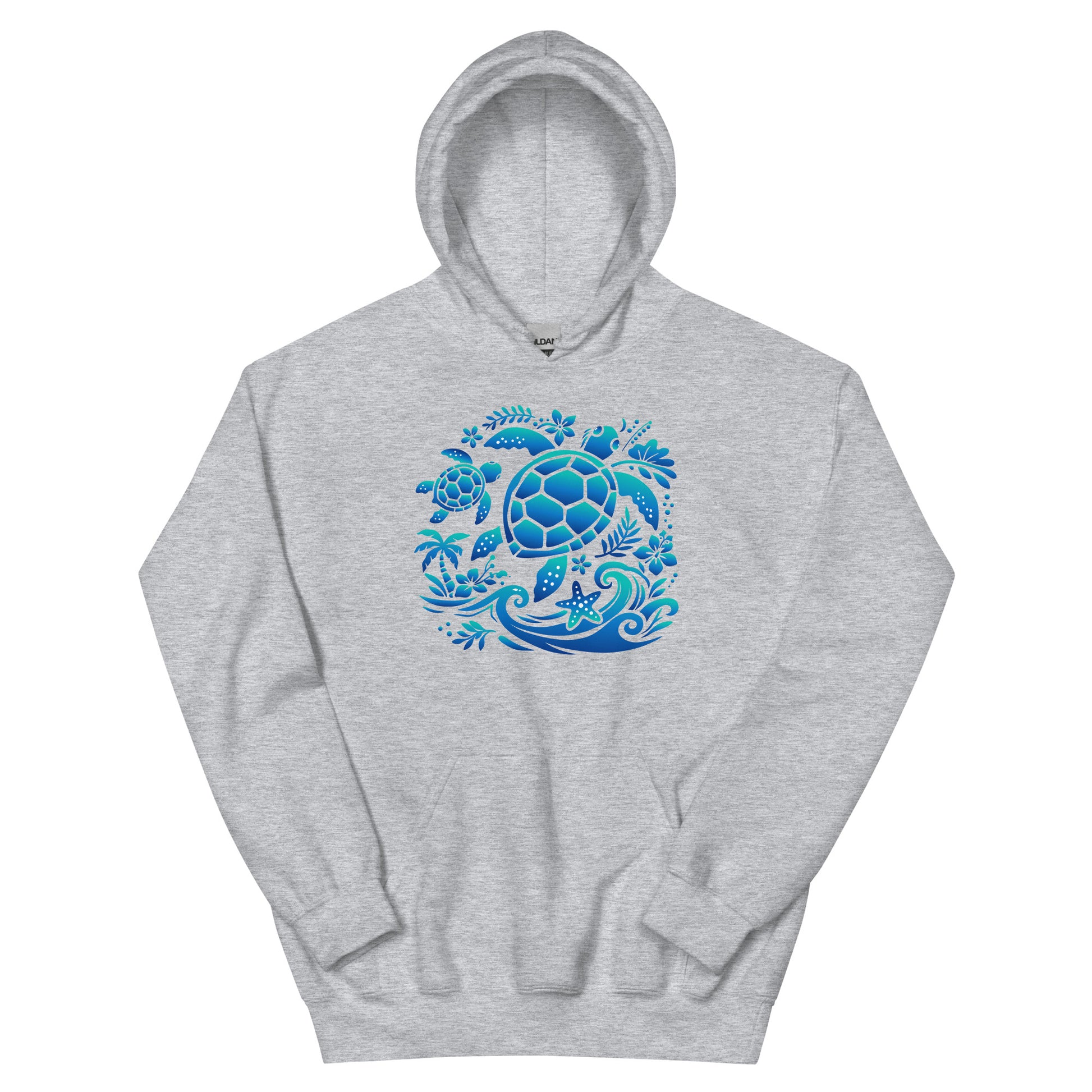 Gray hoodie with a blue turtle design on a white background