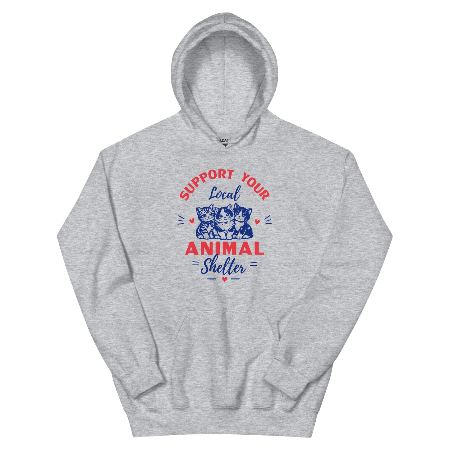Gray hoodie with 'Support Your Local Animal Shelter' text and cat illustrations on a white background