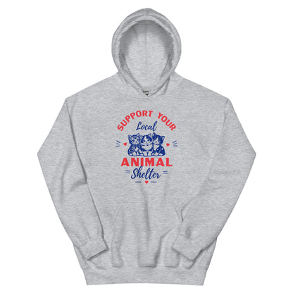 Gray hoodie with 'Support Your Local Animal Shelter' text and cat illustrations on a white background