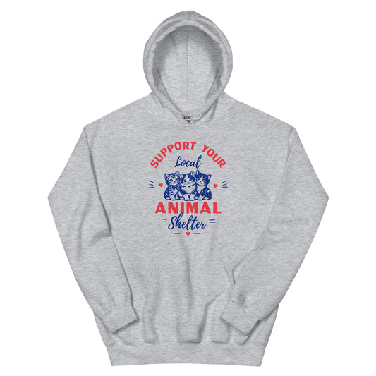 Gray hoodie with 'Support Your Local Animal Shelter' text and cat illustrations on a white background