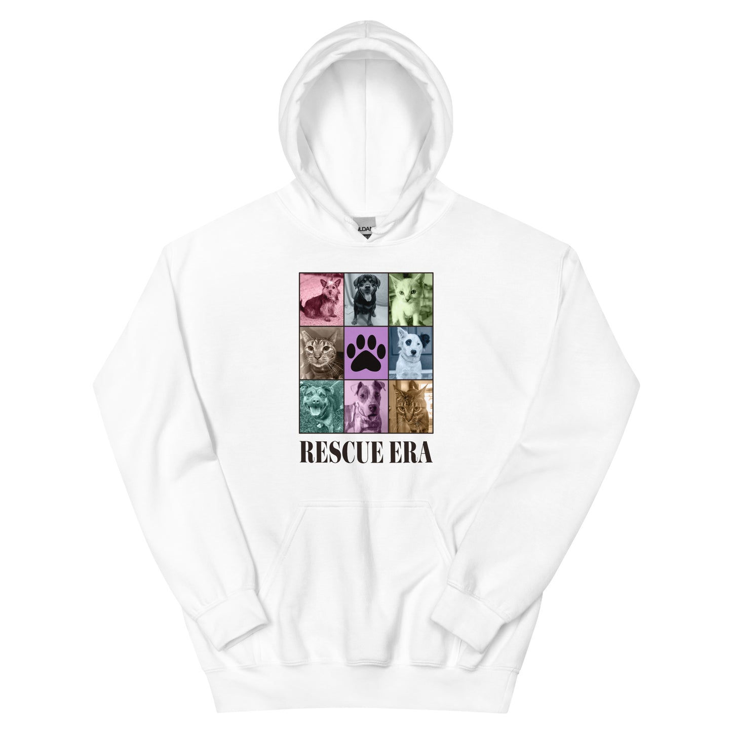 White hoodie with 'Rescue Era' design featuring images of cats and dogs on a white background.