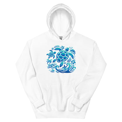 White hoodie with blue turtle design on a white background