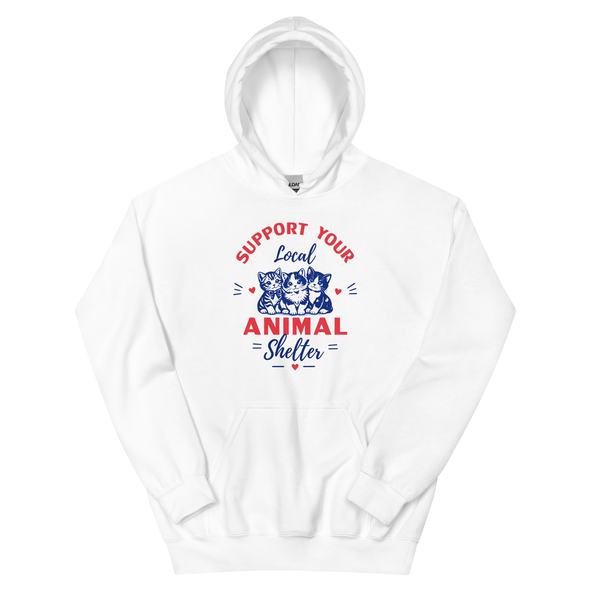 White hoodie with 'Support Your Local Animal Shelter' text and cat graphics on a white background