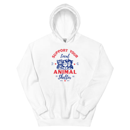 White hoodie with 'Support Your Local Animal Shelter' text and cat graphics on a white background