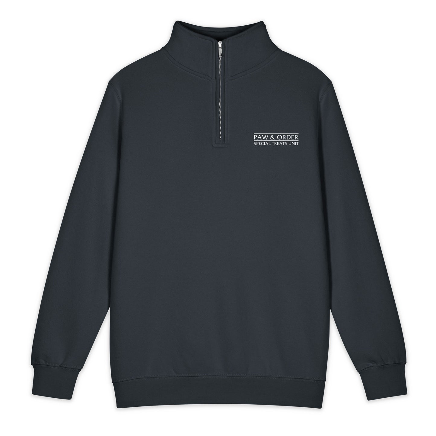 Dark Navy  quarter-zip sweatshirt with a logo on a white background