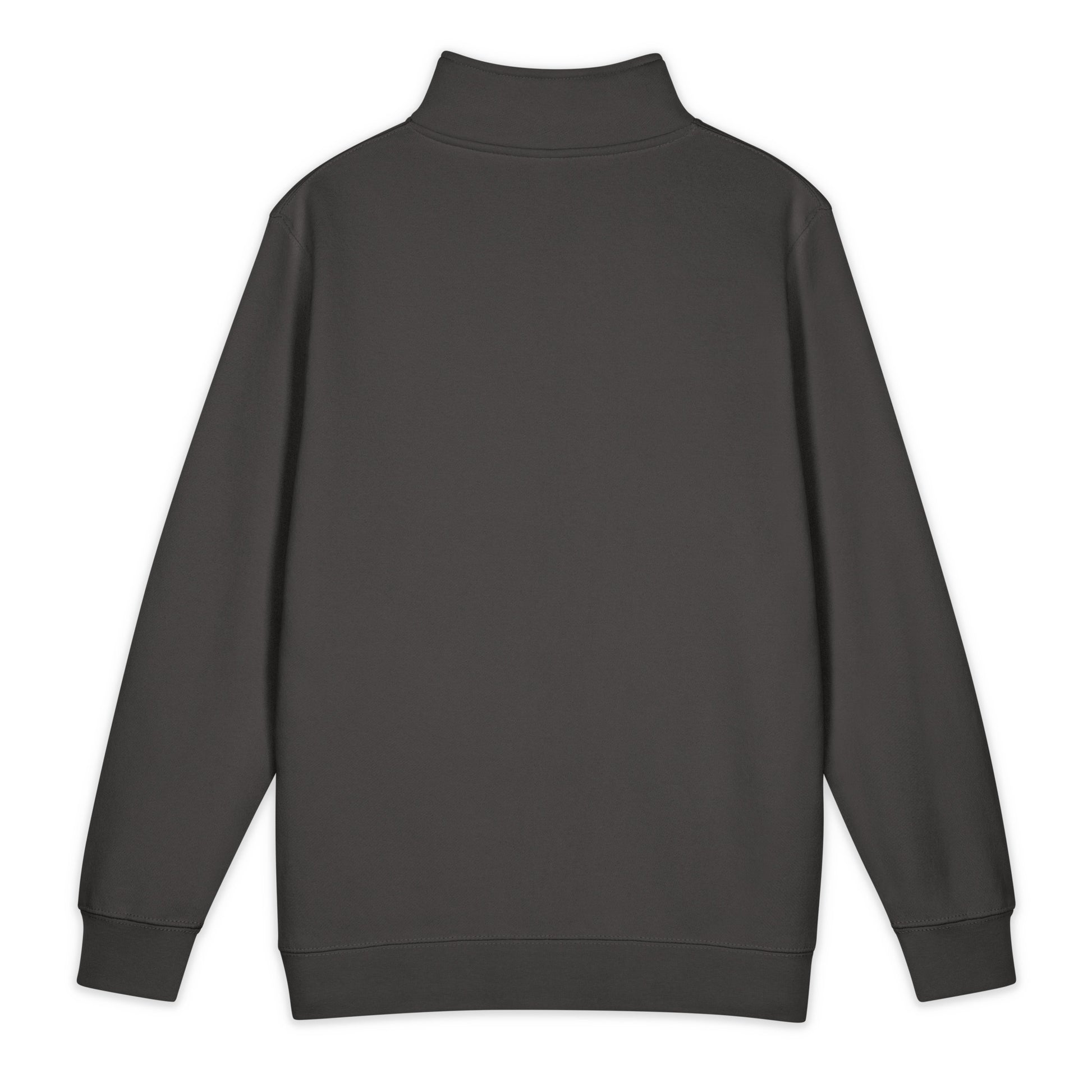 Back of a dark gray sweatshirt on a white background