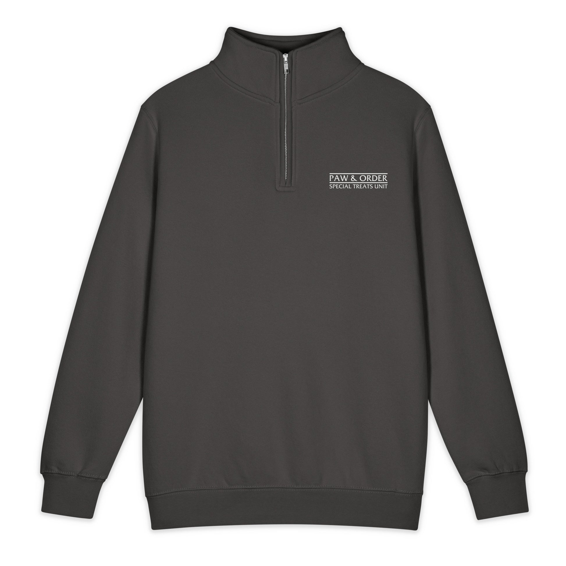 Dark gray quarter-zip sweatshirt with a logo on a white background