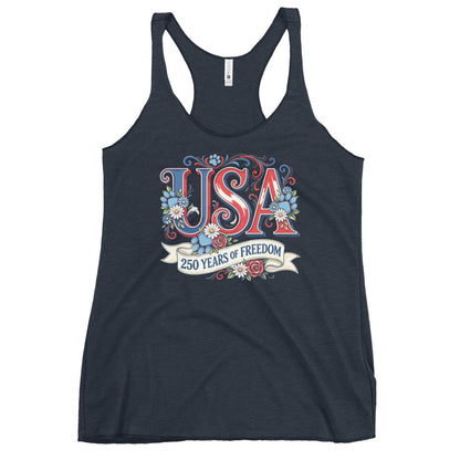 Navy tank top with 'USA 250 Years of Freedom' design on a white background